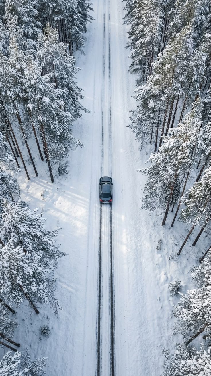 Bil på en snötäckt skogsväg ovanifrån